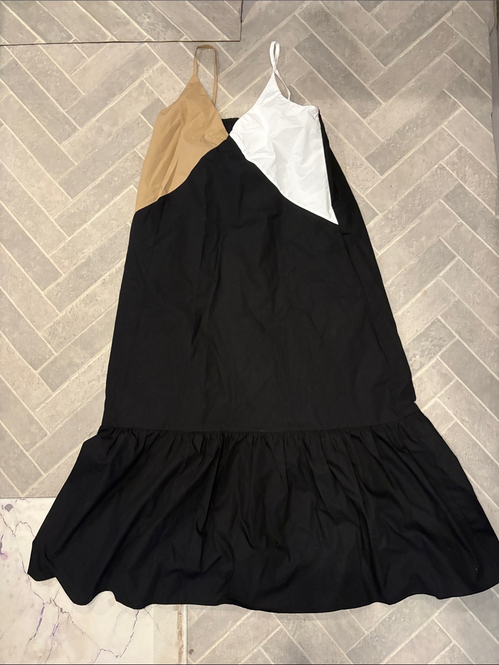 English Factory Black Maxi Dress with White and Tan Colorblock Panels